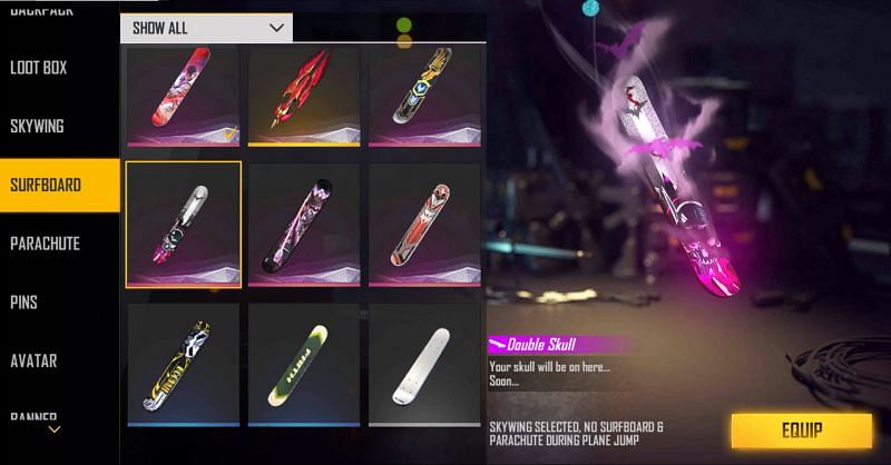 The surfboard can be equipped from the collection section (Image via Free Fire)